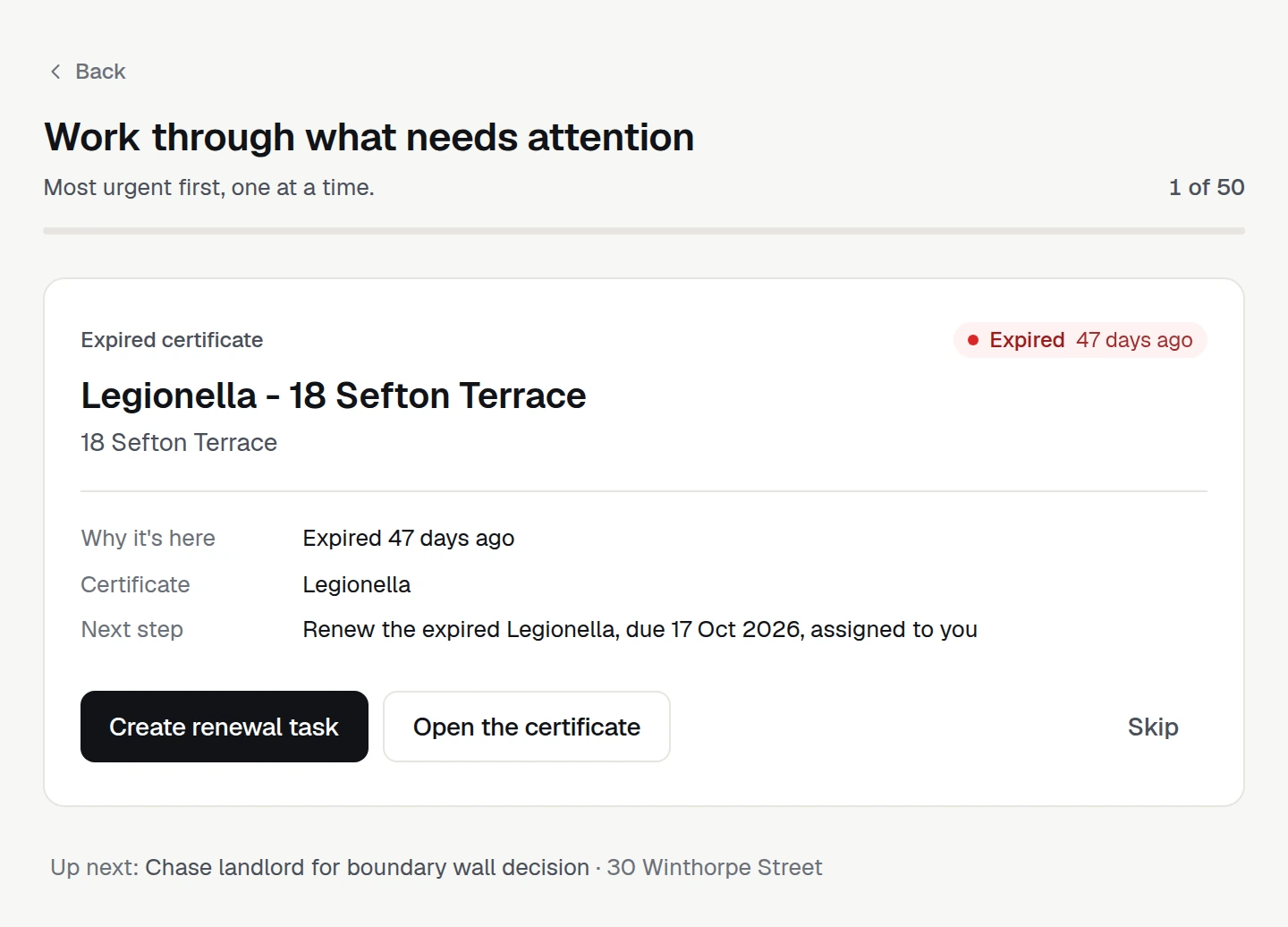 The Verixad work queue showing an expired legionella certificate at 18 Sefton Terrace, why it is listed, the next step and a button to create a renewal task